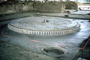 Hearth at Pylos with a nice flame pattern painted around its edge.